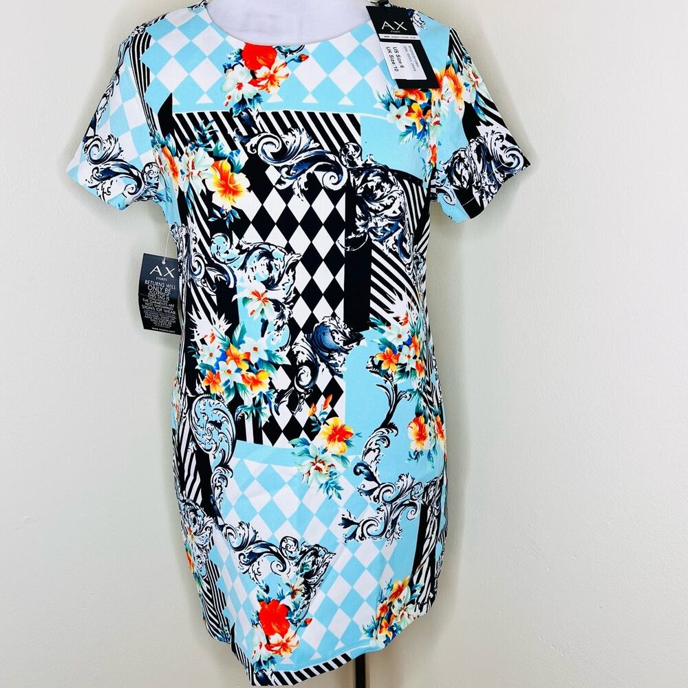 AX Paris Shift Dress 6 Womens Blue Abstract Floral Mini Sheath Maximalist New